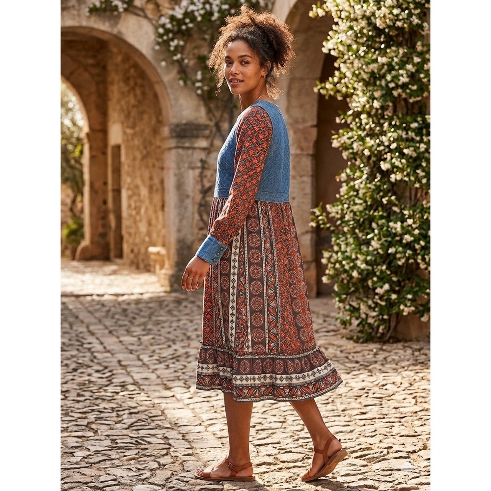 Warm NY Denim Floral Boho Print Long Sleeve Knee Dress Blue Orange